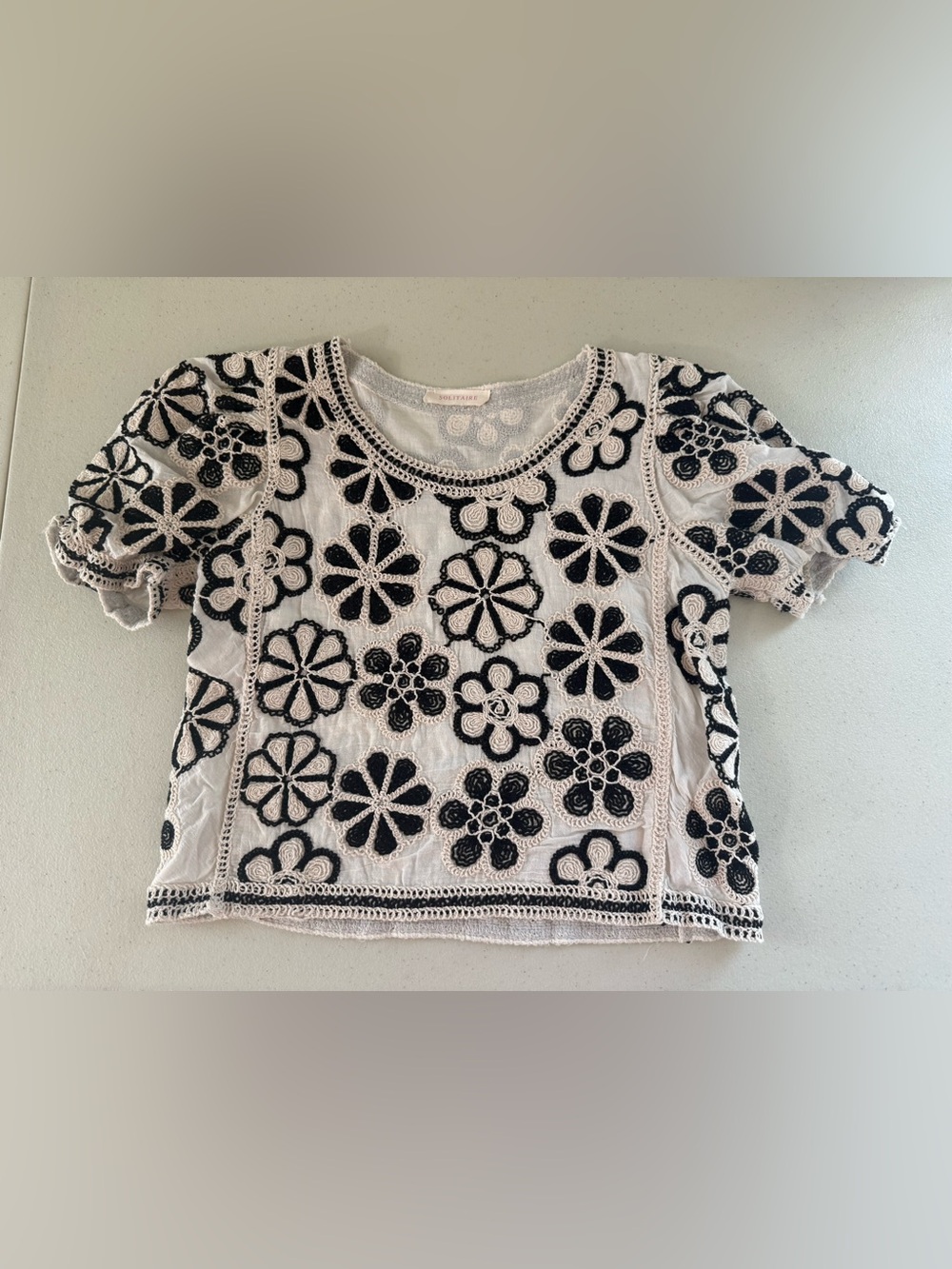 Solitaire White Top with Black Floral Crochet Embroidery